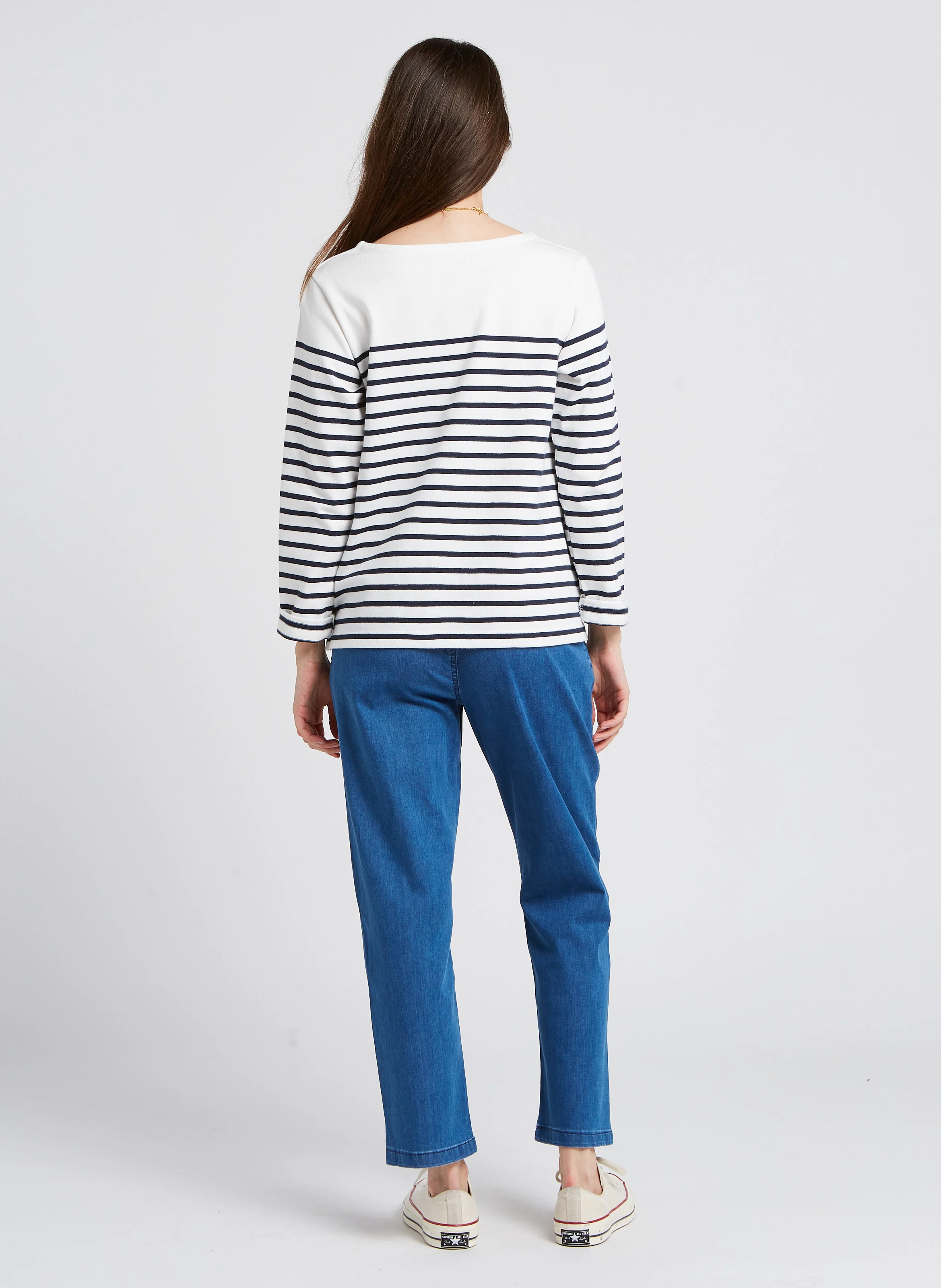 Tee-shirt col bateau marinière en coton | Blanc