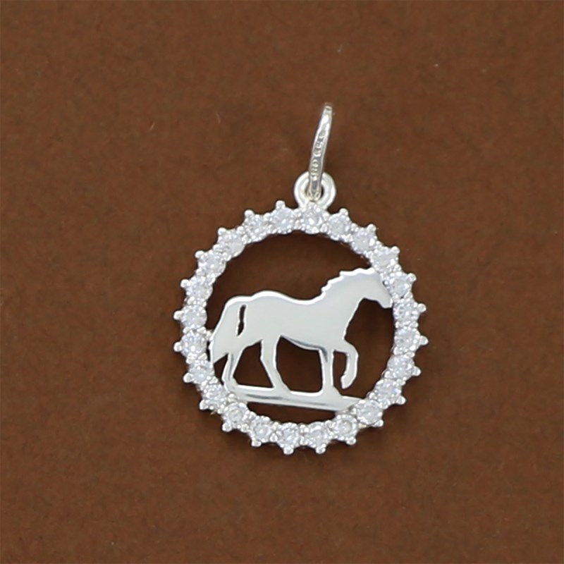 Pendentif cheval au pas tendance entouré de strass - Argent massif 925
