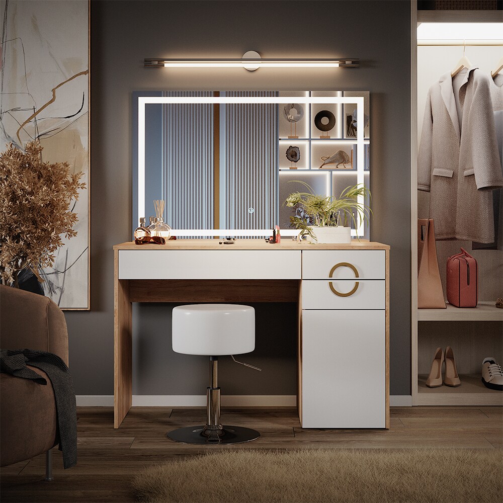 Vicco Schminktisch Adela Natural Rockford Weiß, 115x76 cm LED-Spiegel, Hocker