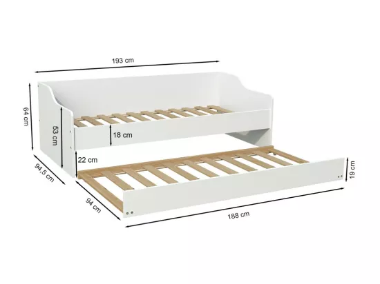 Lit gigogne SWEET 90x190 + 2 sommiers + 1 tiroir-lit / Blanc