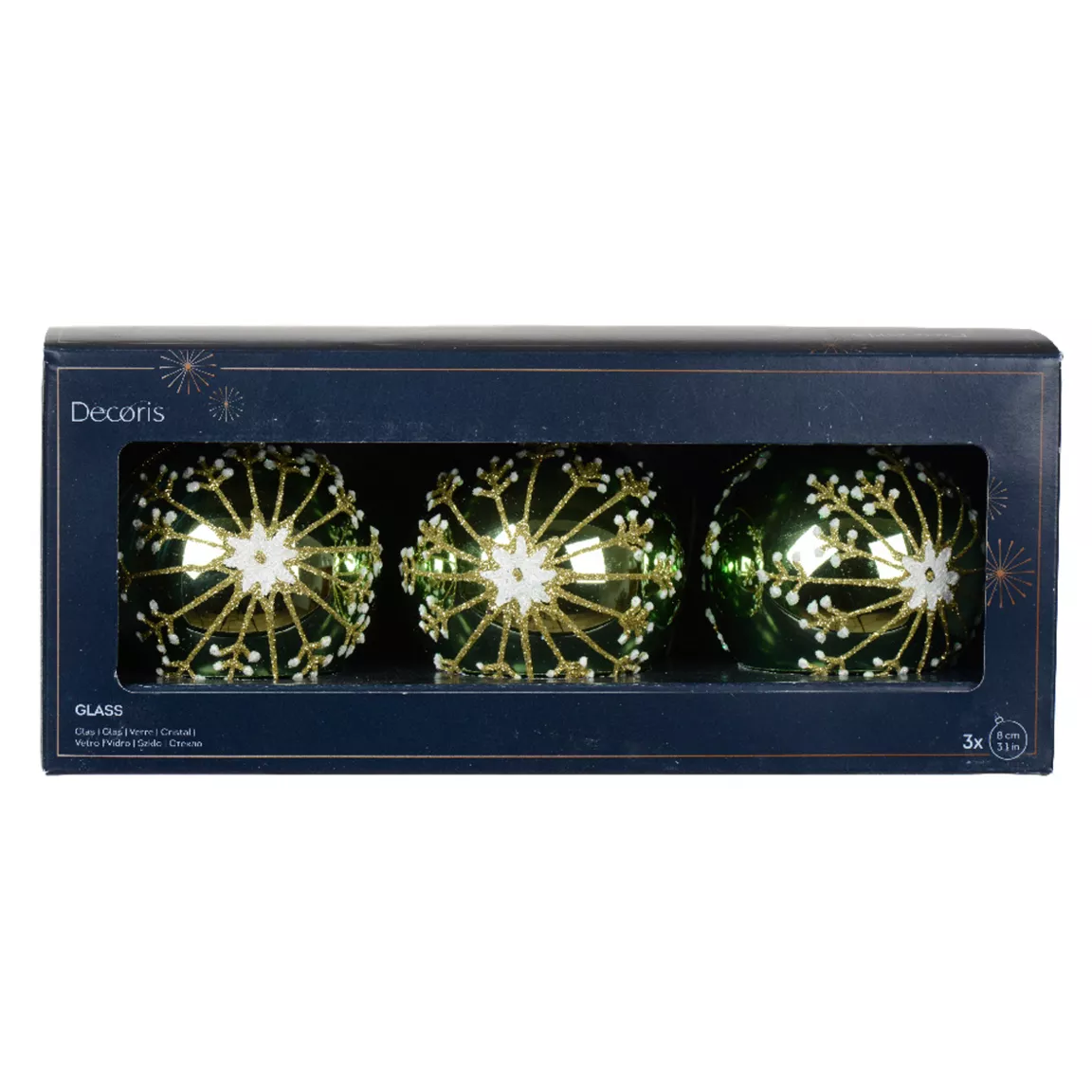 Lot de 3 boules de Noël en verre (D80 mm) Feux d'artifice Thé vert
