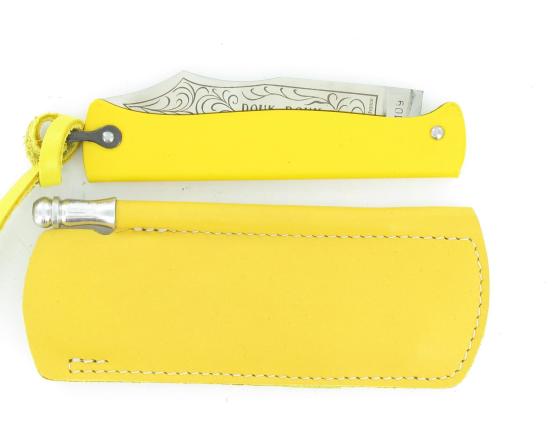 Douk Douk 200 Inox - Manche Acier Couleur JAUNE - GAINE CUIR Couteau de poche Le Thiers par Cognet Douk Douk