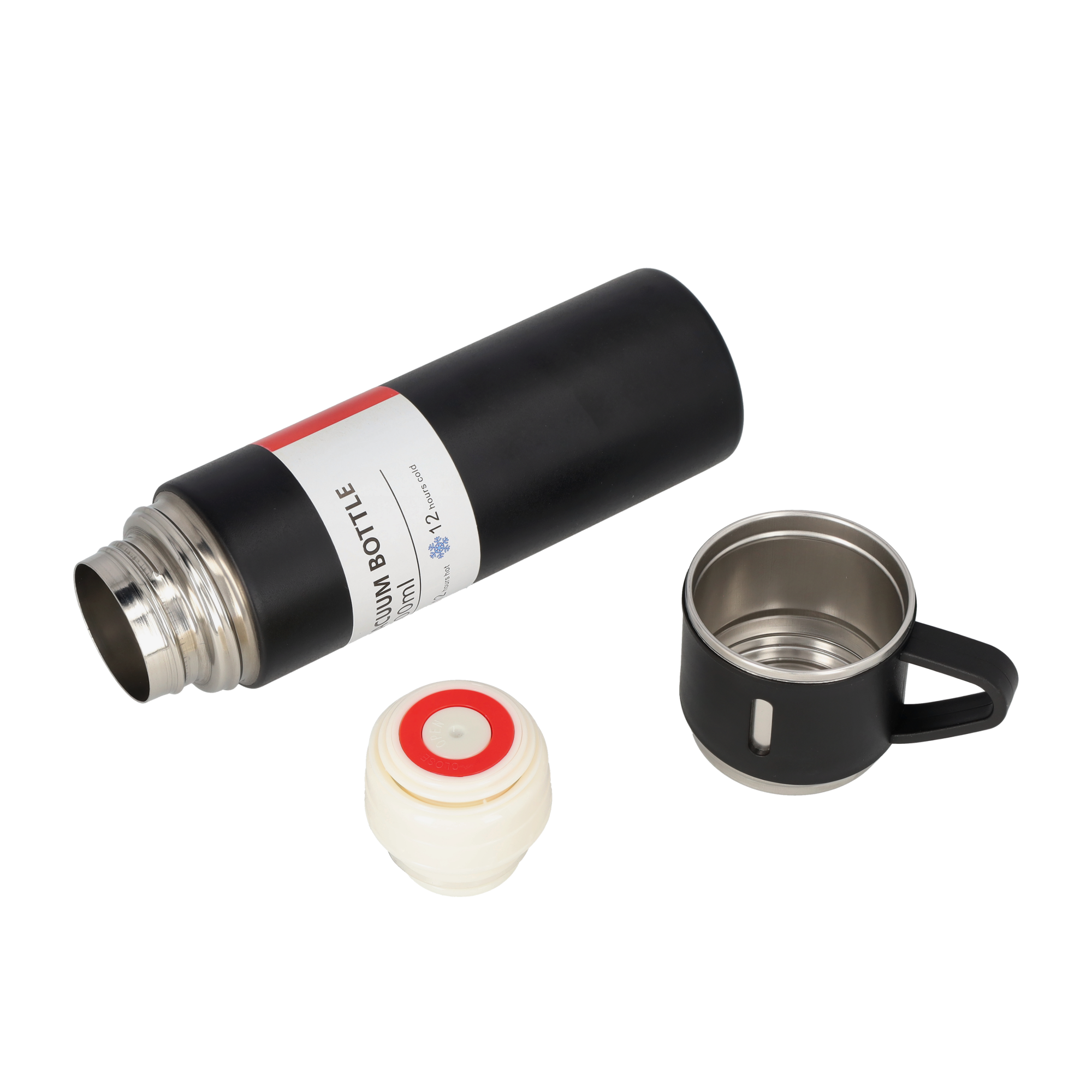 (4-tlg. Set) 500ml Edelstahl Thermo Trinkflasche Doppelwandige Camping Iso Kanne inkl. 3 Becher - Schwarz