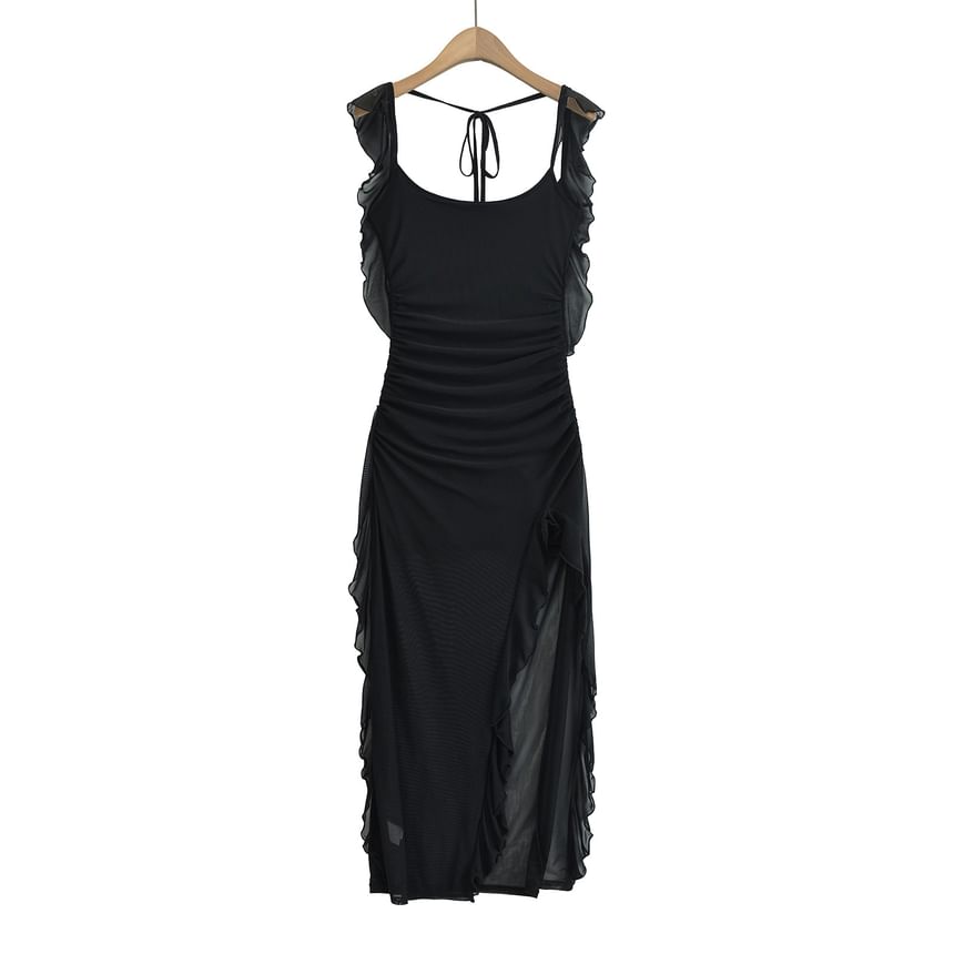 Sundine - Maxi-jurk met kapmouwen, ronde hals, effen ruches en mesh met split