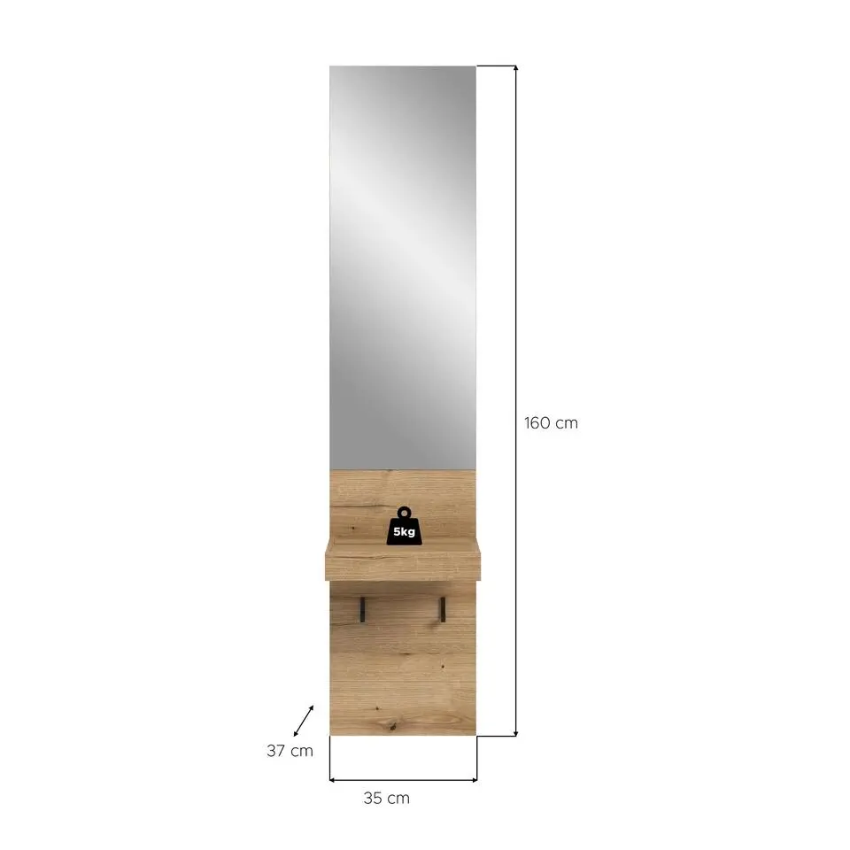 Hioshop Naro kapstok met spiegel- plank- haken 2 haken eiken decor