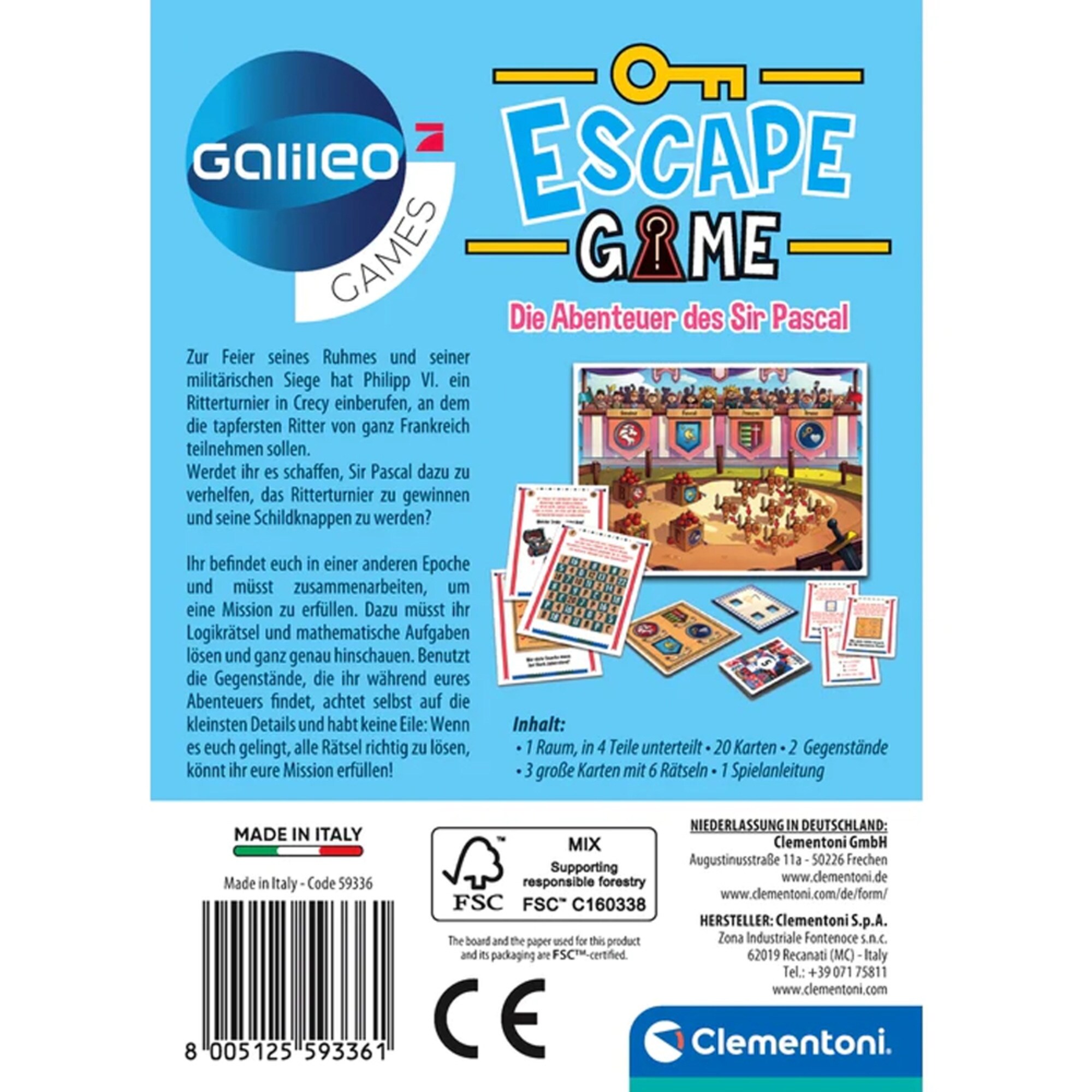 Clementoni Partyspiel Escape Game - Die Abenteuer des Sir Pascal