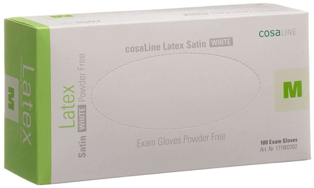 COSALINE Untersuchungshandschuhe<br>100 Stück, M, Latex Satin weiss puderfrei