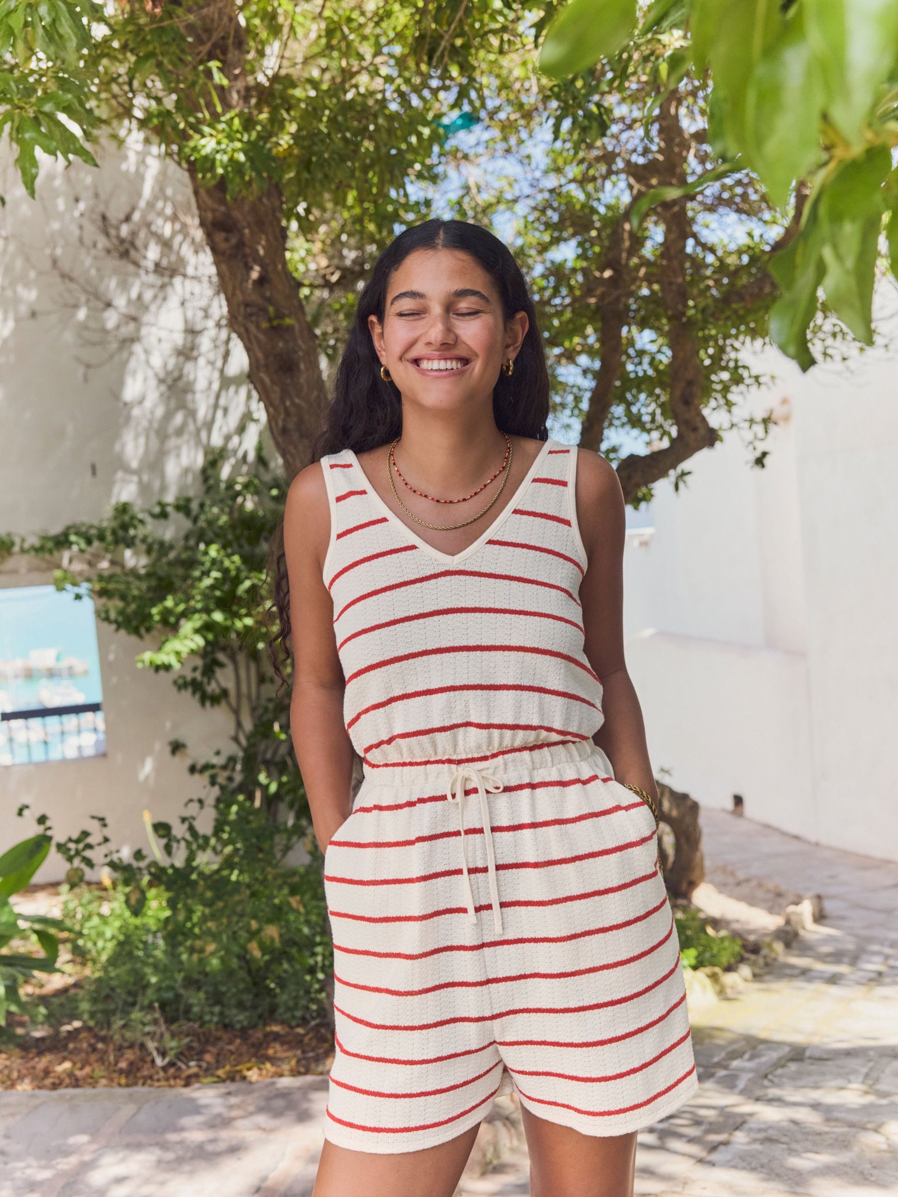 Rood/ecru - Jersey playsuit met V-hals