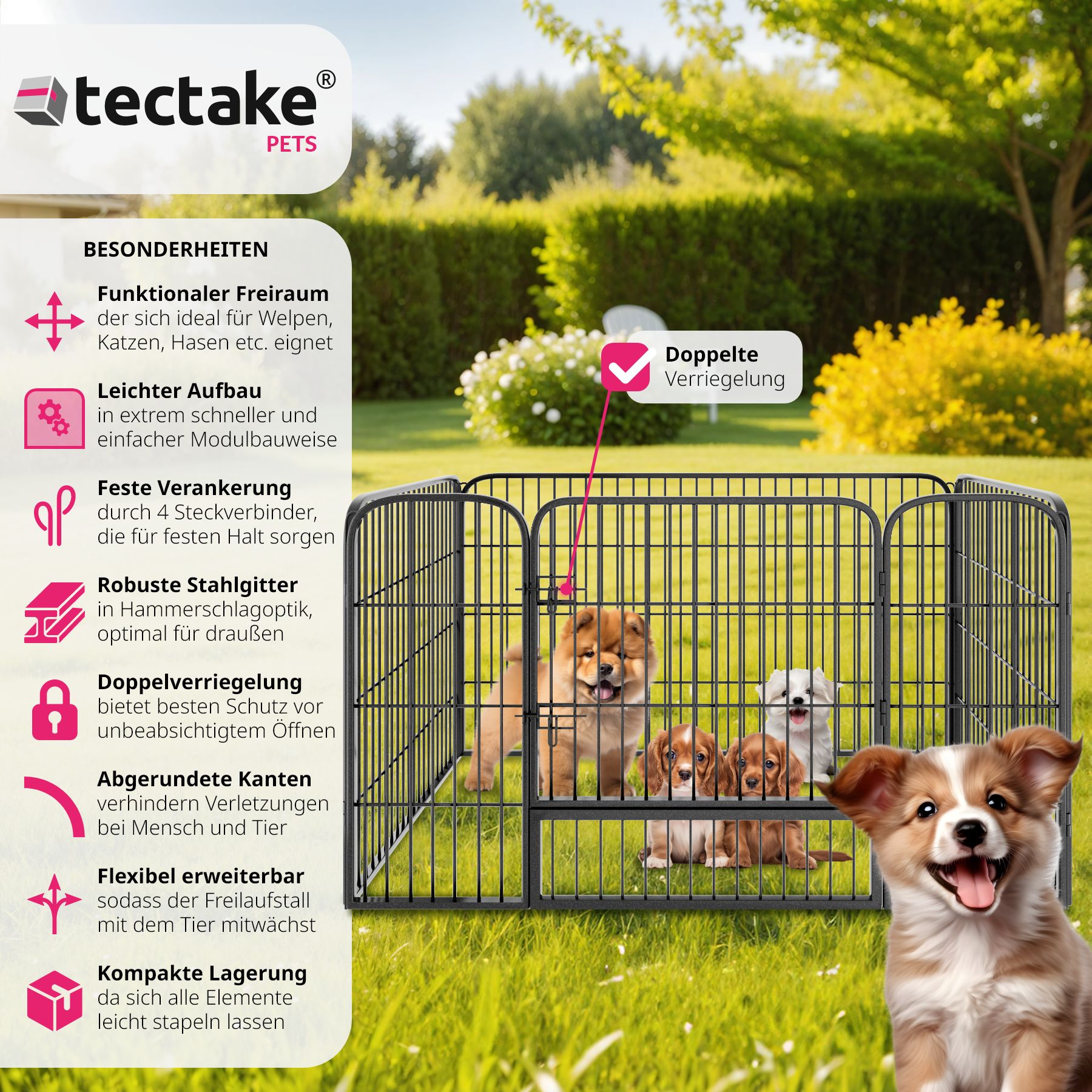 tectake® Welpenauslauf, 4-teilig, faltbar, Türe mit Doppelverriegelung, einfache Montage