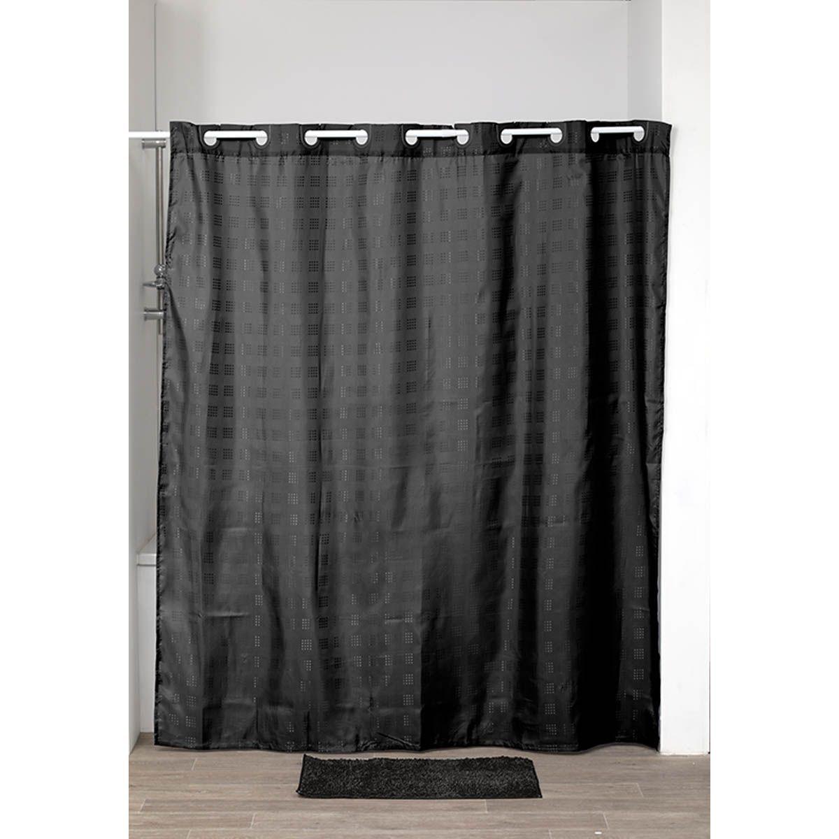 RIDEAU DE DOUCHE POLYESTER MOTIF CARRE ANNEAUX INTEGRES 180X