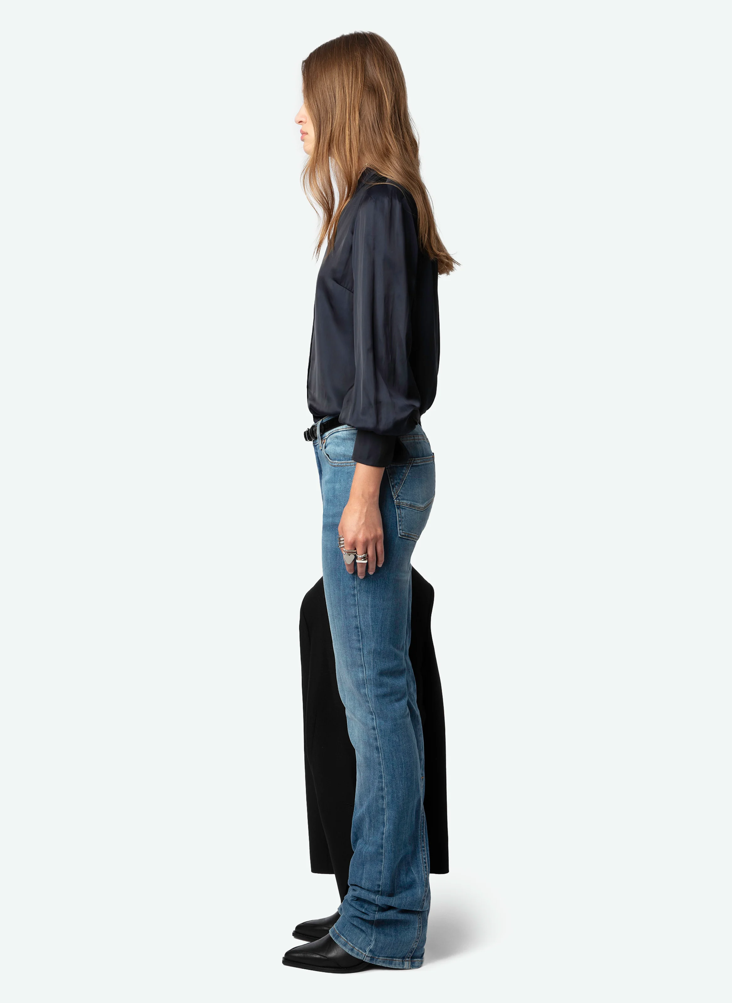 TINOUS - Chemise col V droite en satin | Bleu