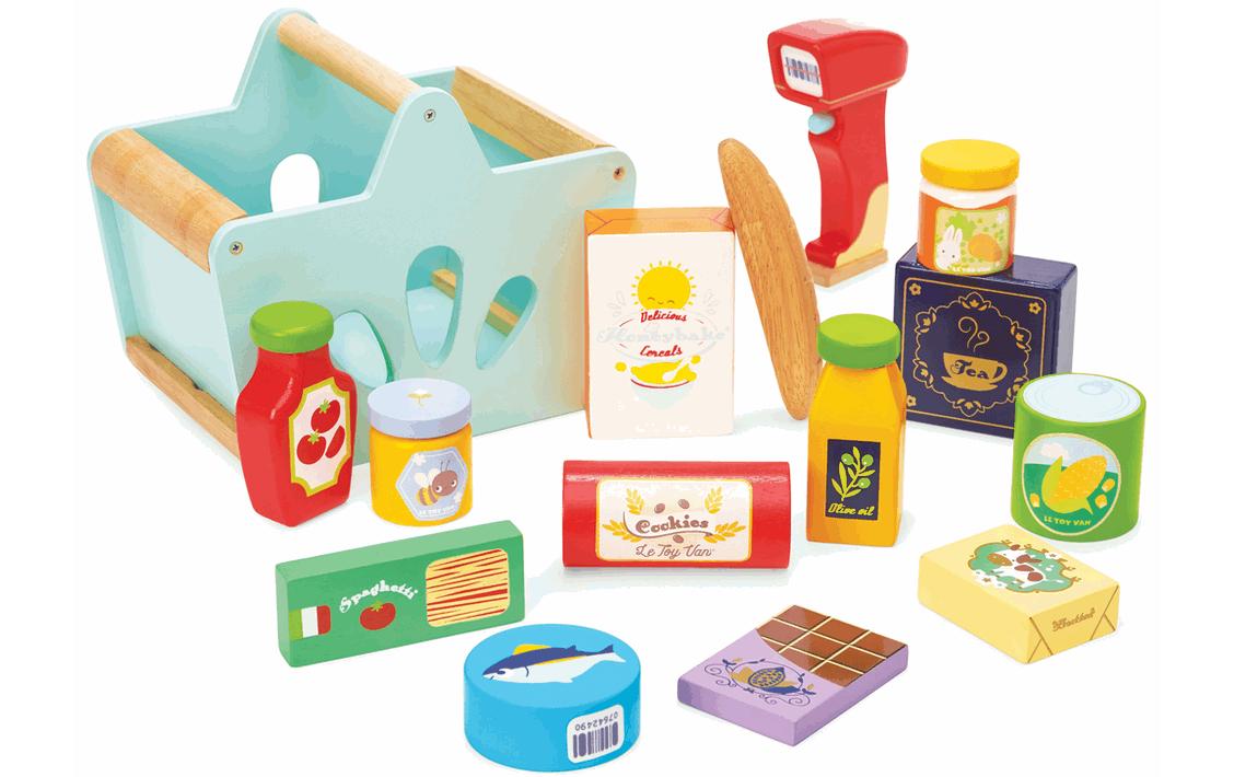 Spiel-Lebensmittel Gefüllter Einkaufskorb & Scanner16-teiliges Lebensmittel-Set aus Holz