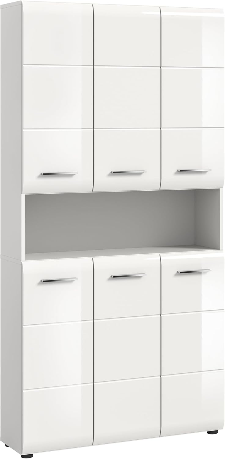xonox.home – Mehrzweckschrank Ice 90x185x30 cm in Korpus weiß Nachbildung und Front weiß Hochglanz – weißer Badschrank Hochschrank breit – modern & platzsparend