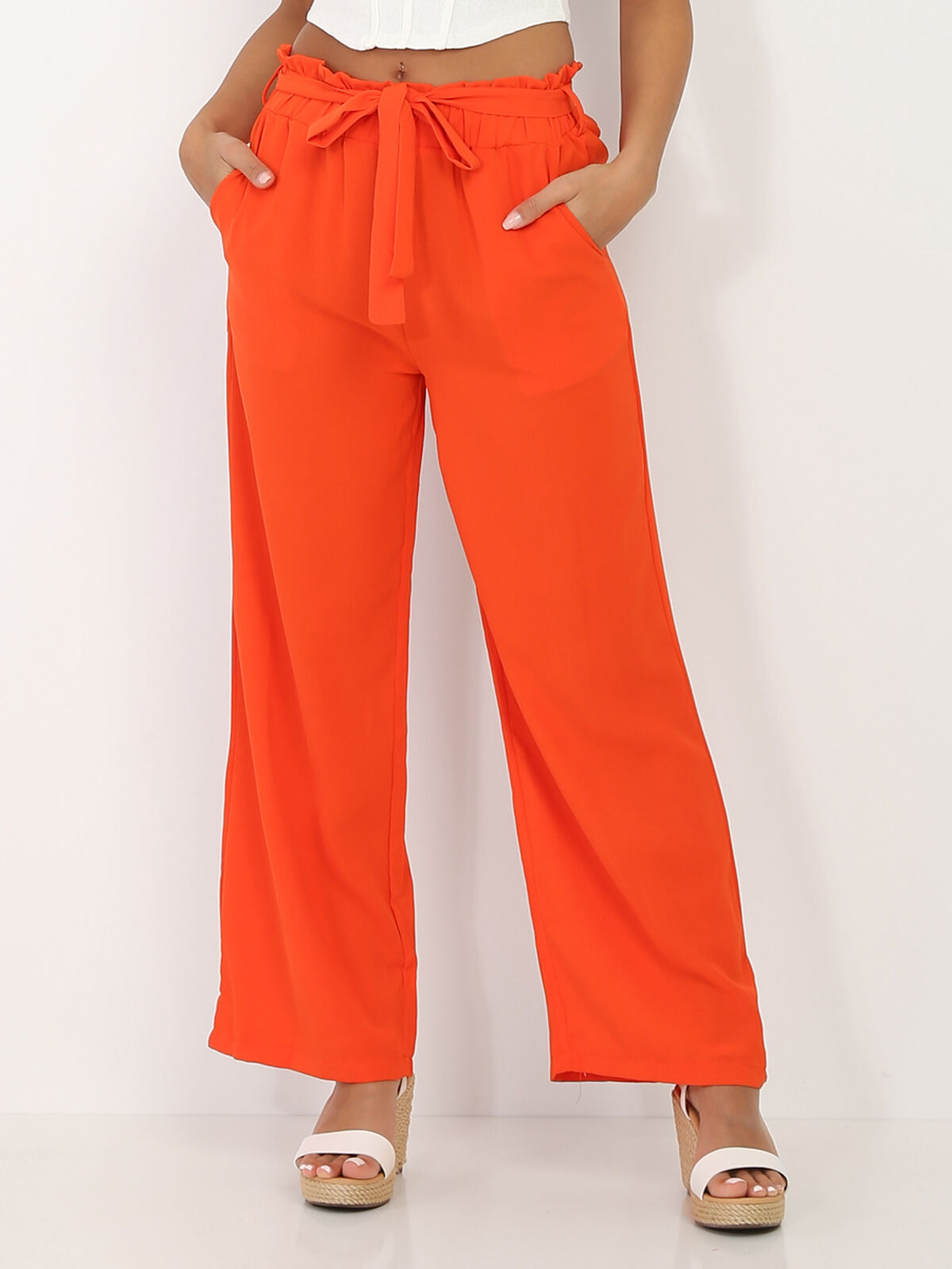 Pantalon palazzo avec ceinture- orange