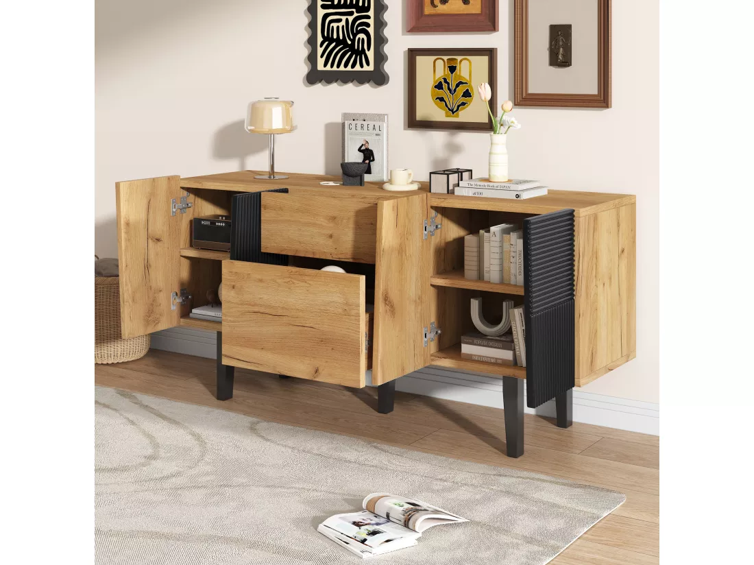Buffet avec 4 portes et 2 tiroirs, meuble TV - 140 x 40 x 70 cm - Panneaux de particules et pieds en bois massif - Chêne