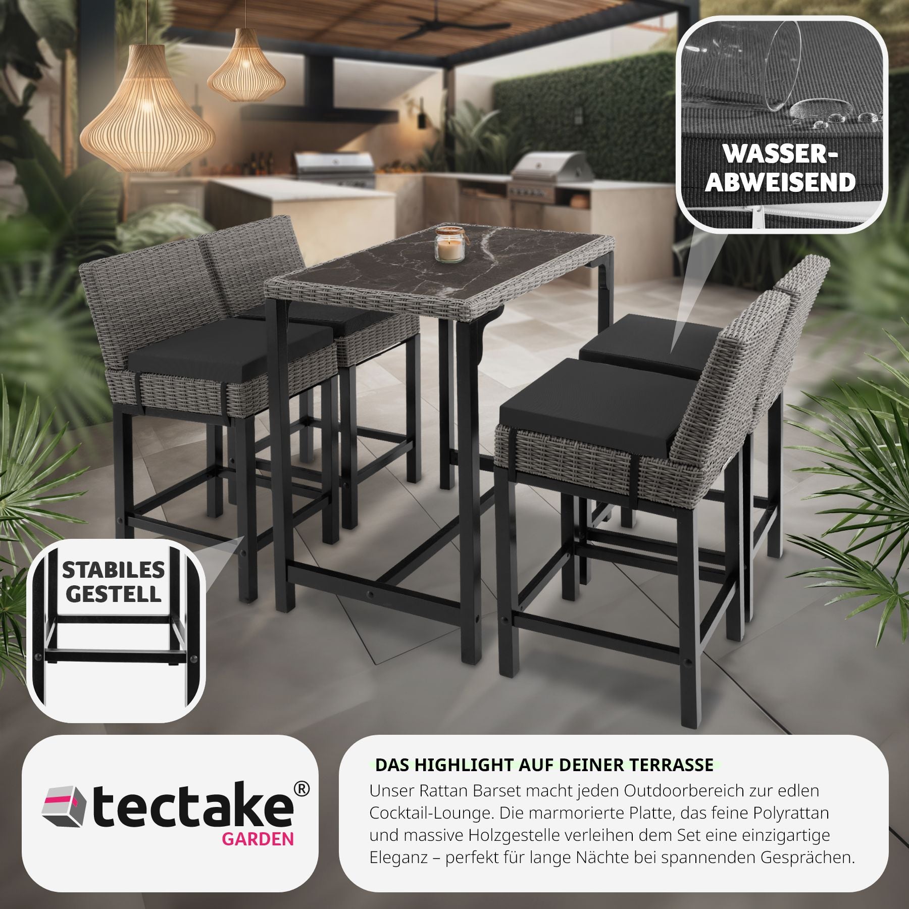 Rattan Tisch Kutina mit 4 Stühlen Latina