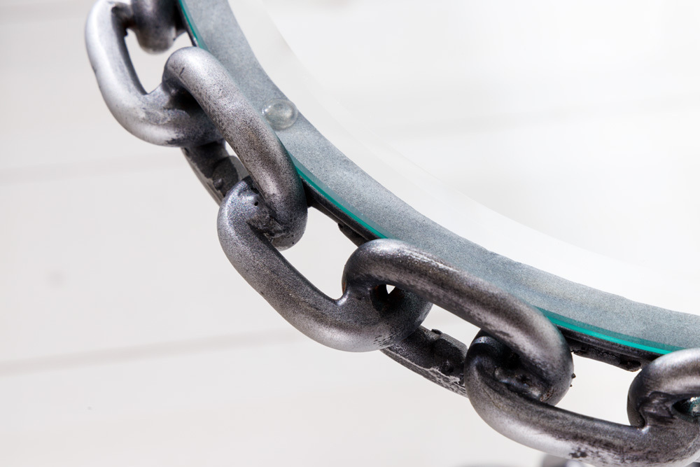 Design Beistelltisch CHAINS 35cm silber handmade Metall rund Glasplatte Kettengestell