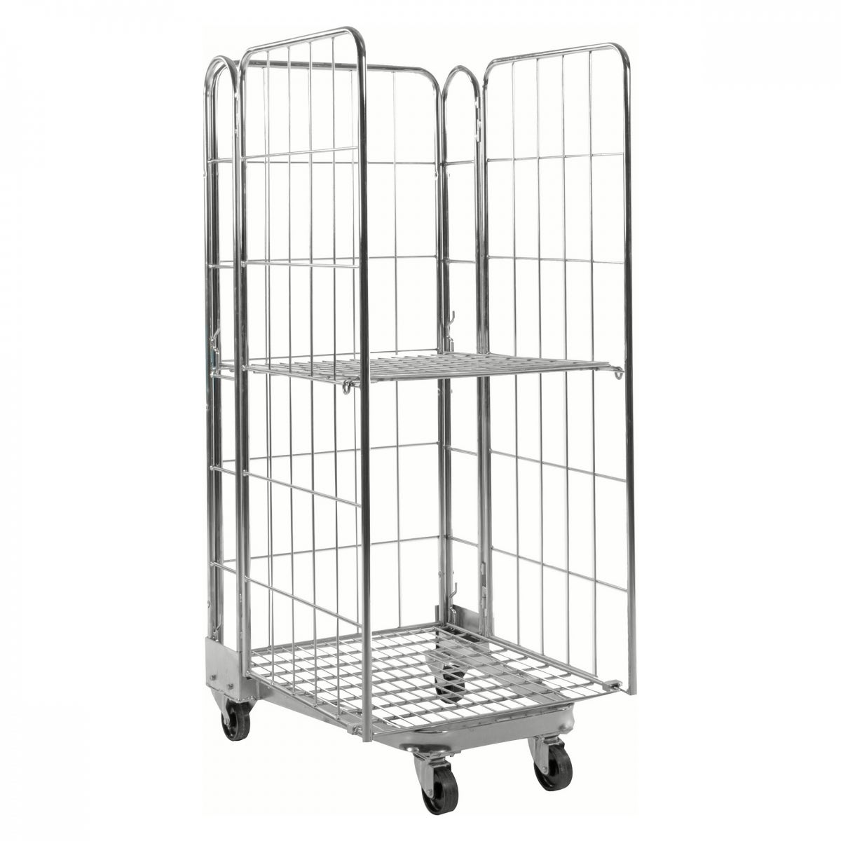 Kongamek verzinkte rolcontainer 800x730x1910mm stapelbaar met gaasbodem en 3 gaaswanden met rem