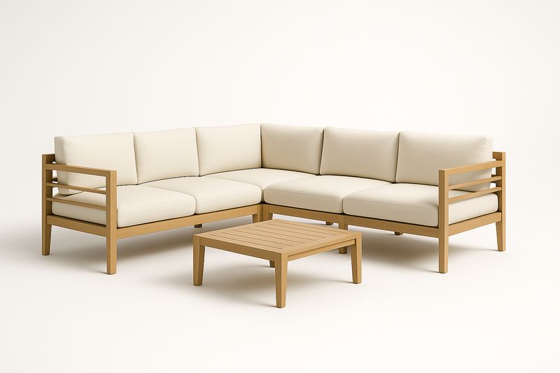 Outdoor Loungeset Ecksofa mit Beistelltisch Holzrahmen Beige Kissen