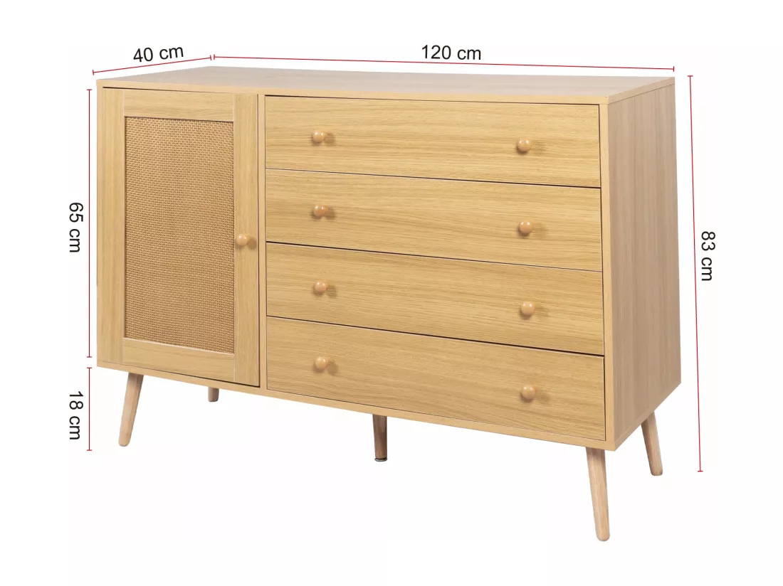 Meuble d'appoint en bois avec 4 tiroirs et 1 porte,d120cm×h83cm
