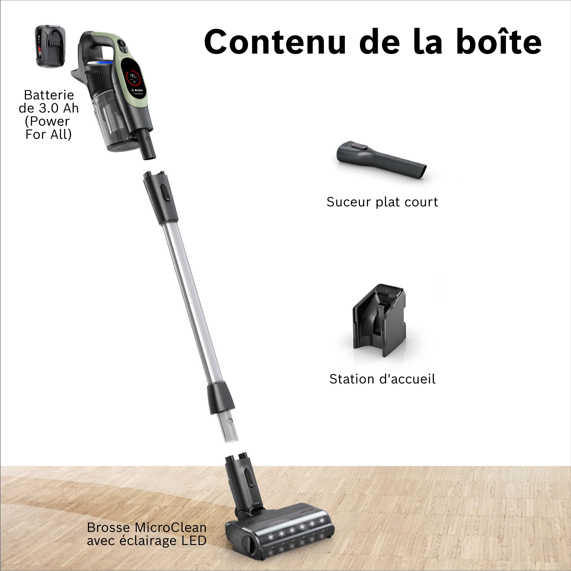 Bosch, aspirateur Balai sans Fil, Unlimited 9, Batterie 3.0 Ah, Technologie MicroClean, bac à poussières Facile à Vider, éclairage LED, Vert, BBS921TB