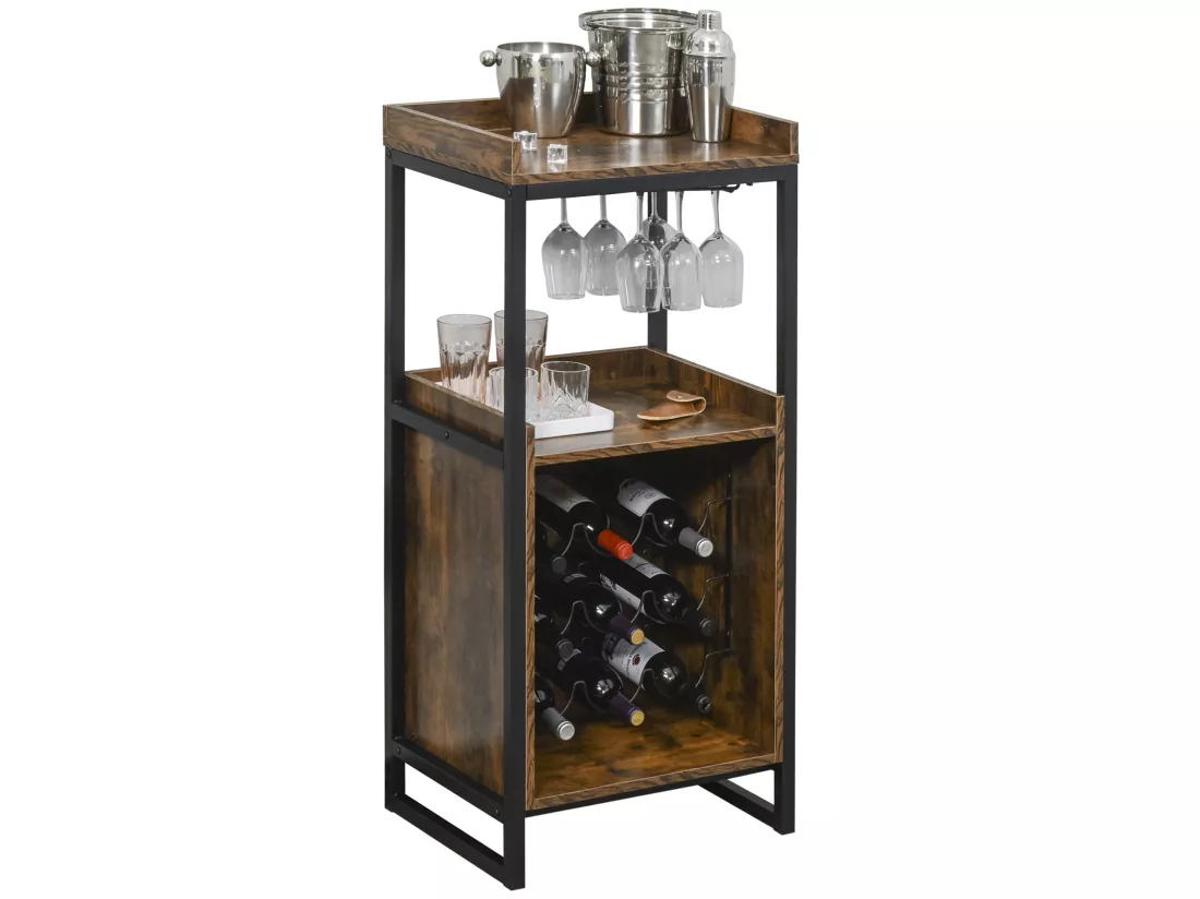 Casier à vin design industriel étagère à bouteilles 9 bouteilles support verres à vin intégré métal noir aspect vieux bois veinage