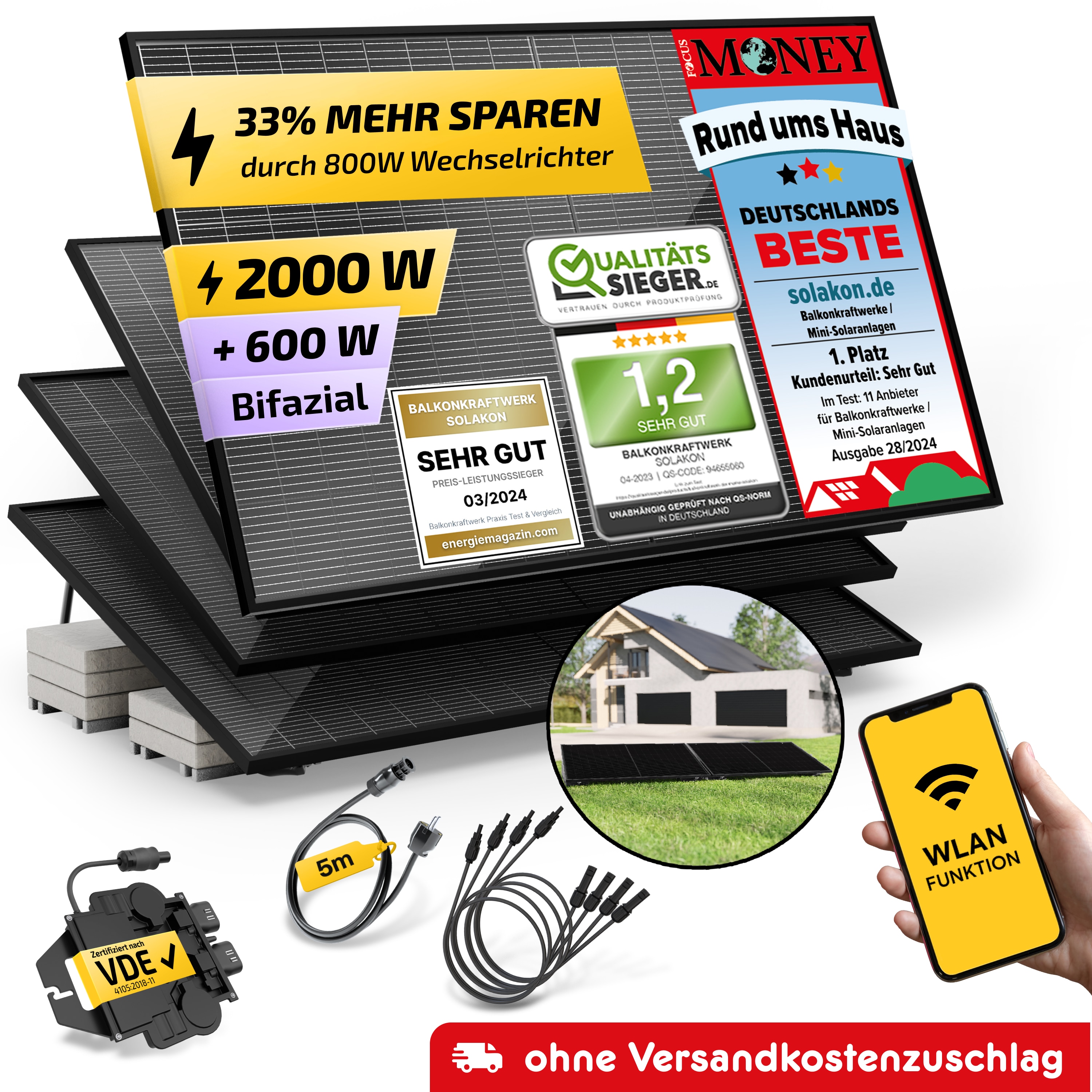 Balkonkraftwerk 2000W/800W Solaranlage mit Garten Halterung Steckerfertig Komplettset Photovoltaik Anlage 800W, Kabellänge: 5m