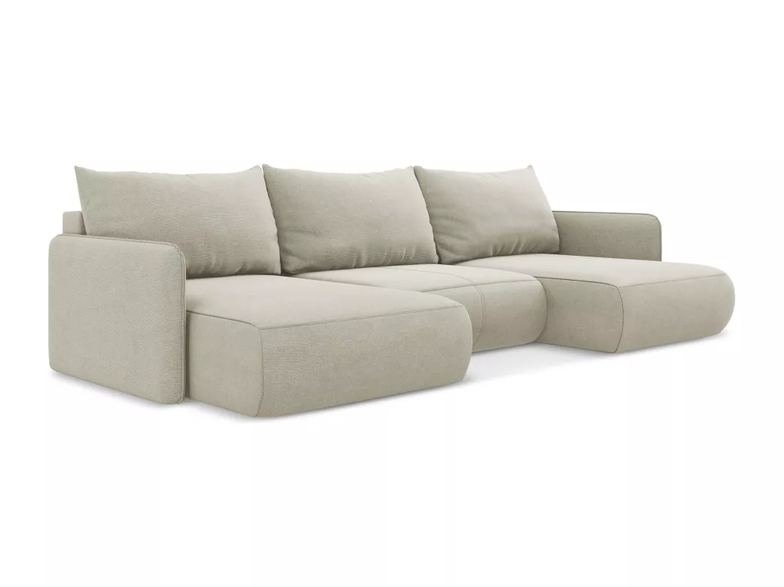 Canapé d'angle panoramique convertible en tissu texturé - beige clair - NANEA