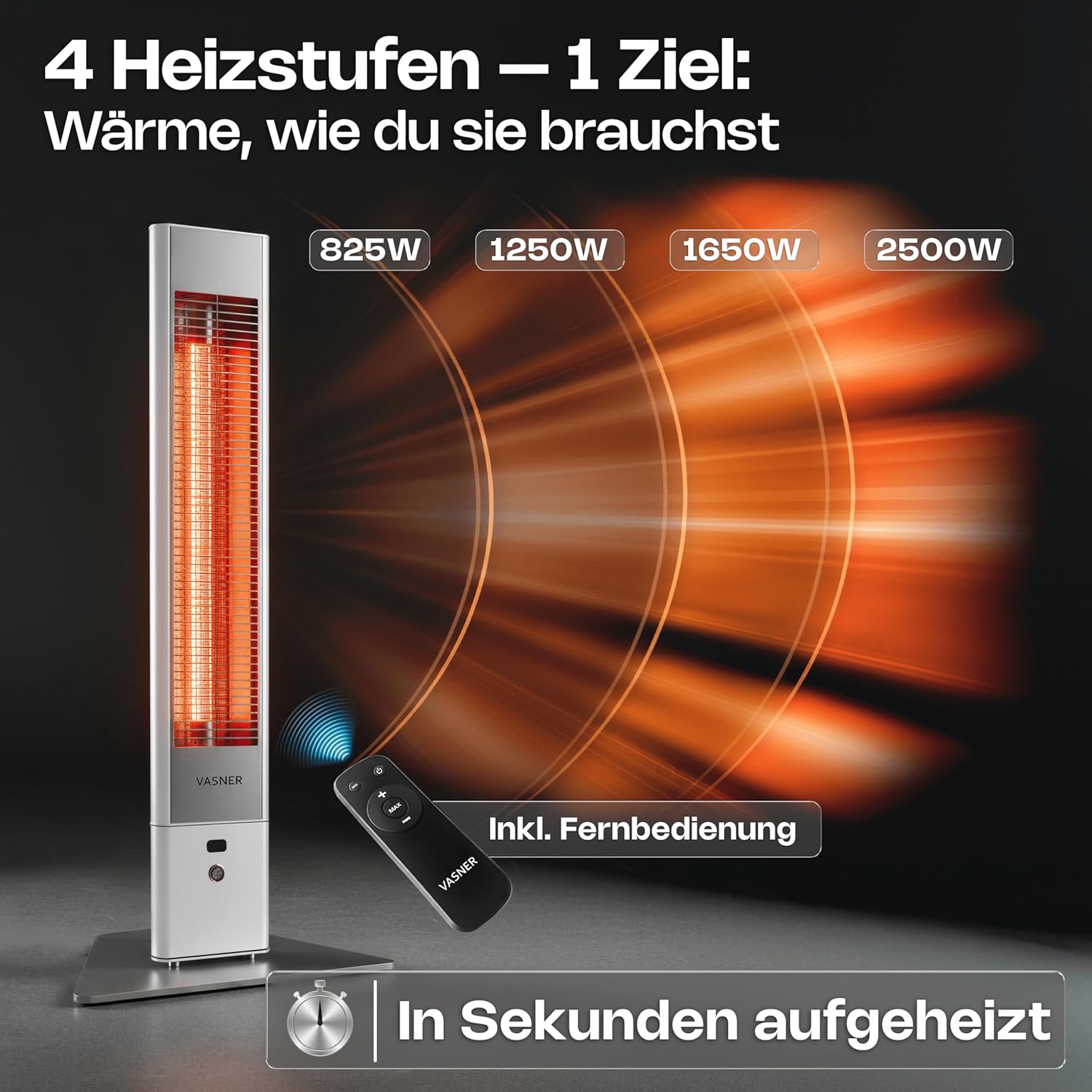 VASNER HeatTower weiß + AirCape schwarz – Infrarot Standheizstrahler 2500 Watt mit Abdeckhaube, Heizstrahler Terrasse, 4 Heizstufen, Fernbedienung, Terrassenstrahler elektrisch, IP65 Outdoor Schutz