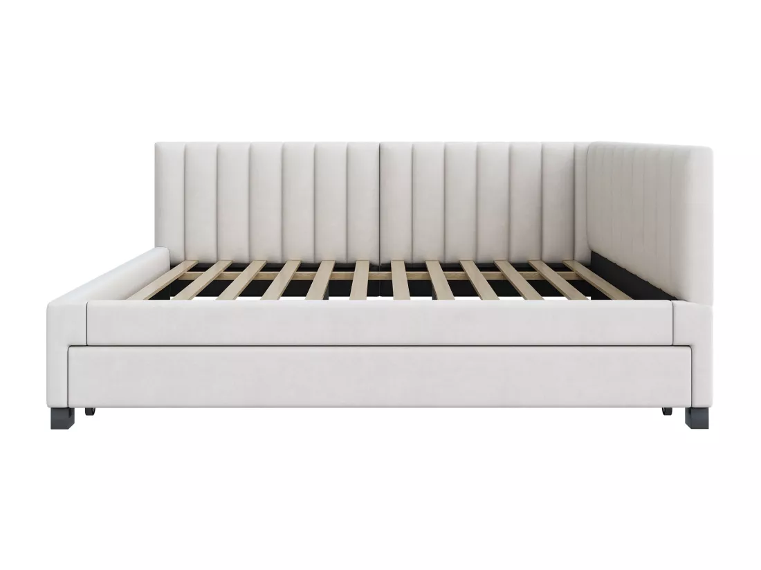 Lit banquette capitonné 140x200 cm - avec lit gigogne 90x190cm - tissu en velours - Beige