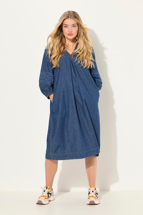 Jeanskleid, 3/4 Arm, V-Ausschnitt, Midilänge