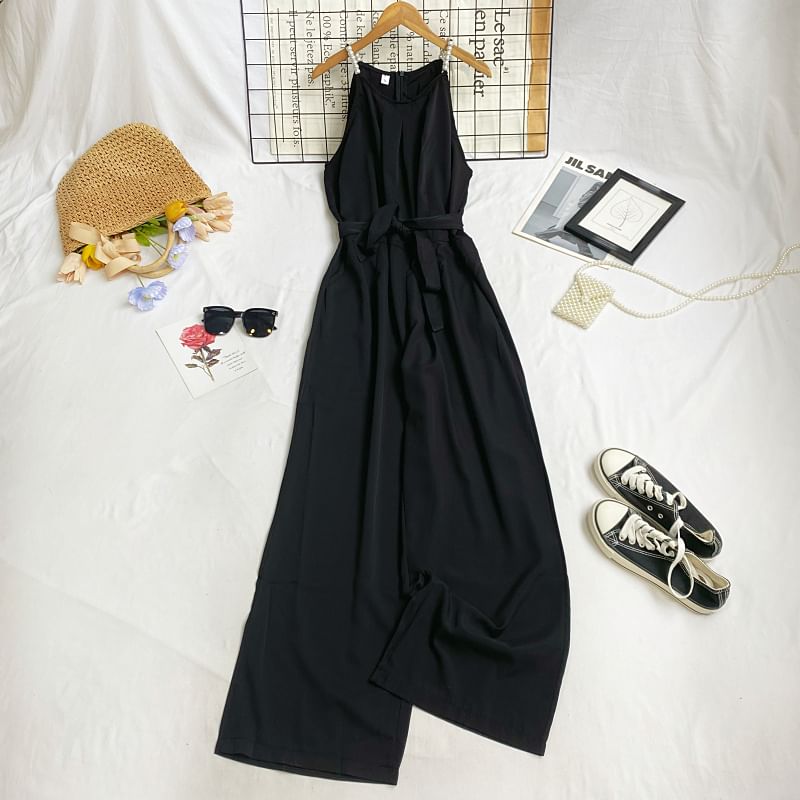 Iasia - Spaghettibandjes jumpsuit met wijde pijpen en strikceintuur