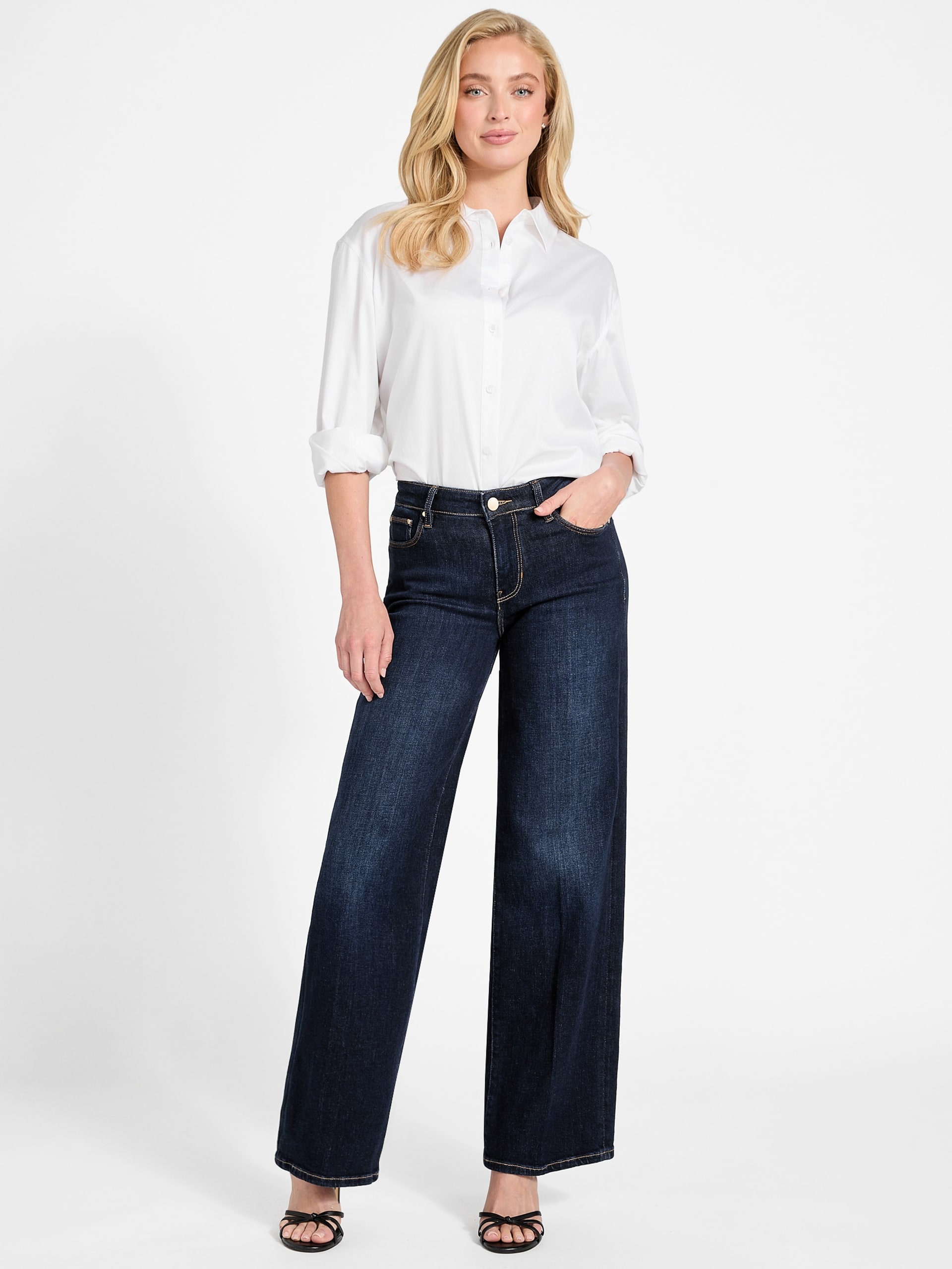 Calça jeans palazzo sexy de cintura média e pernas largas
