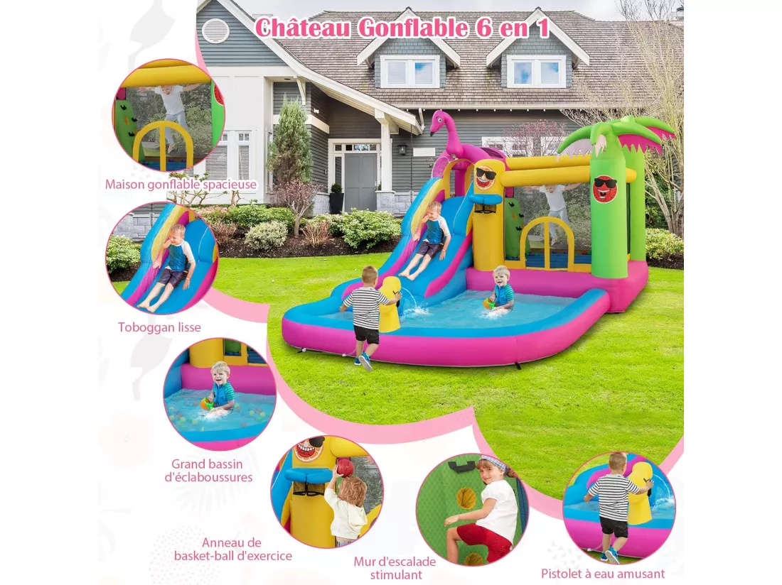 Château Gonflable Thème Tropical avec Souffleur 680W, Long Toboggan Aquatique,Piscine à Eclaboussures Ballon Océanique