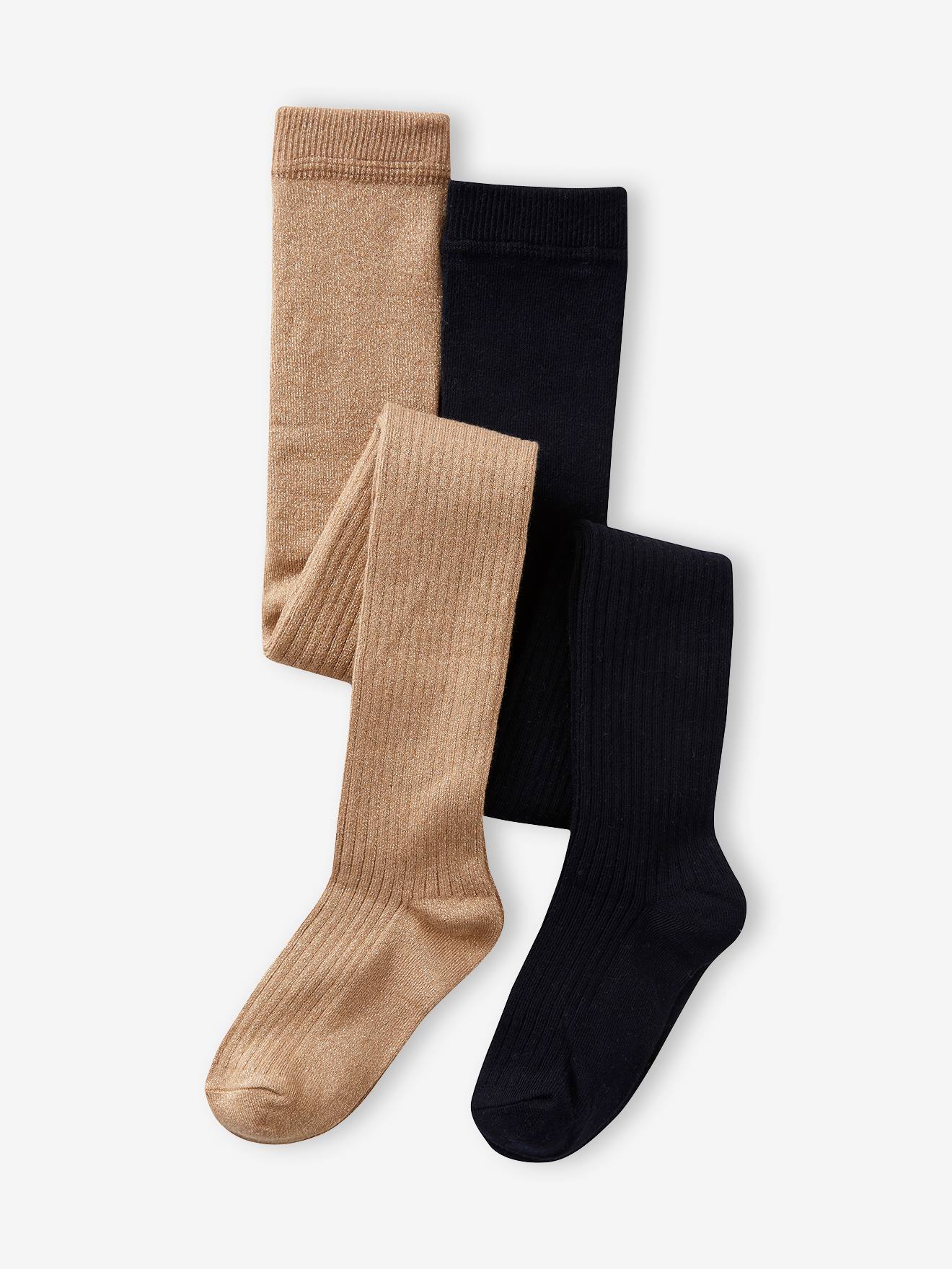 Conjunto de 2 pares de meias-calças caneladas para meninas, marrom acinzentado