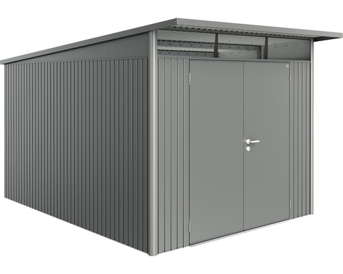 Biohort AvantGarde tuinhuis met dubbele deuren, formaat A8, inclusief plank en gereedschapshouder, 260 x 380 cm, kwartsgrijs metallic
