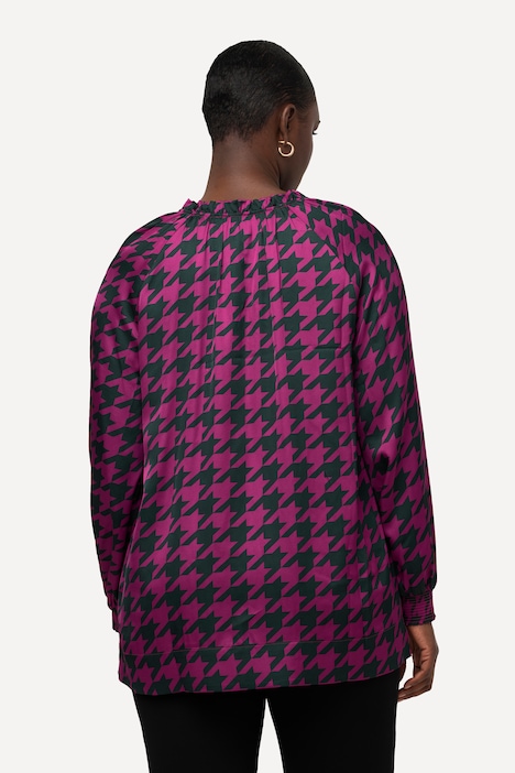 Satinbluse, Hahnentrittmuster, Boxy, Rundhals, Langarm