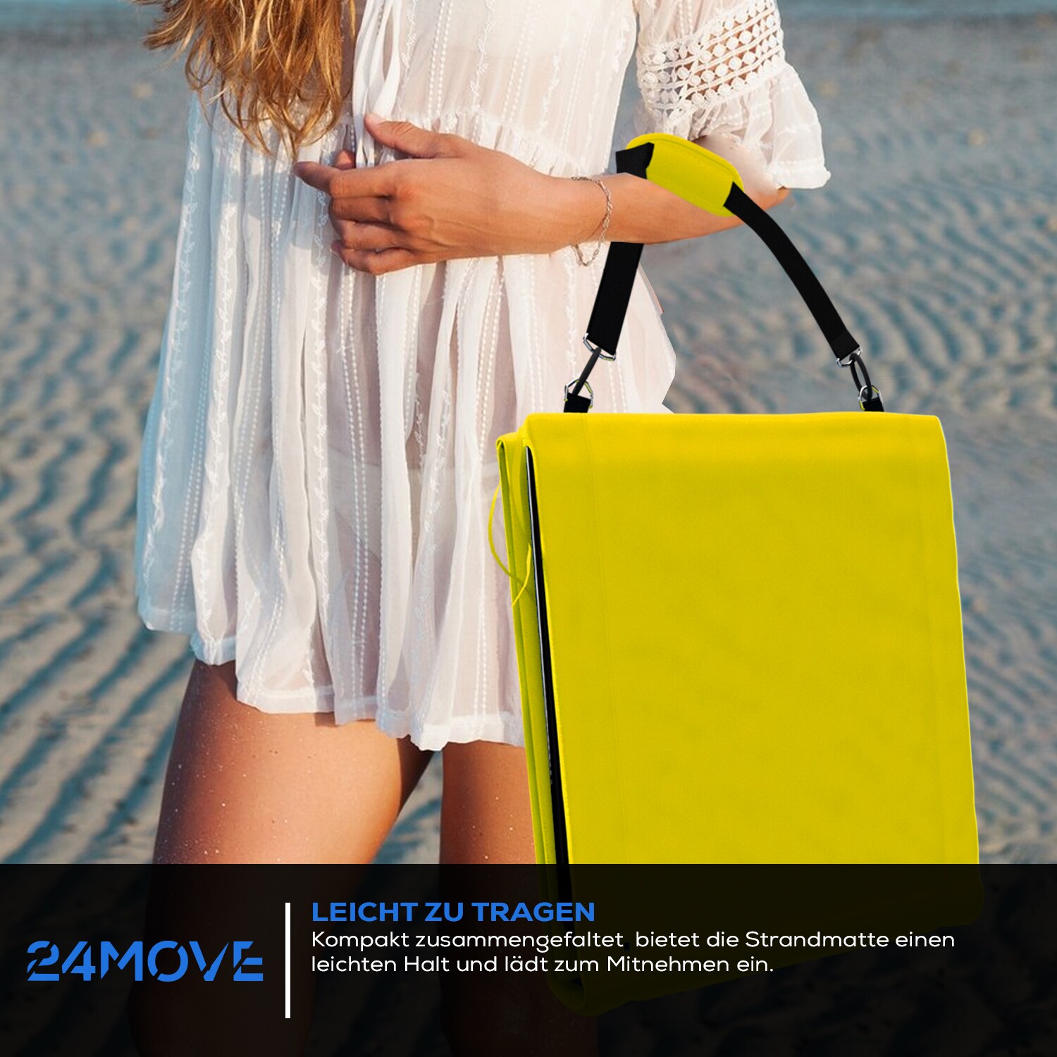24MOVE® Strandmatte 1er Set klappbar mit Rückenlehne, Strandliege mit Gurt, tragbar für Strand und Garten, Liegematte gelb