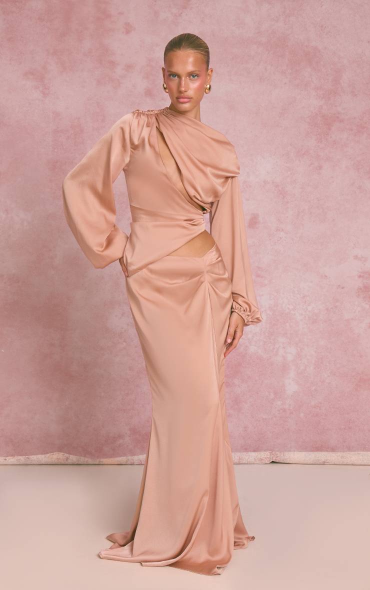 Pêche Jupe Longue En Satin À Taille Échancrée