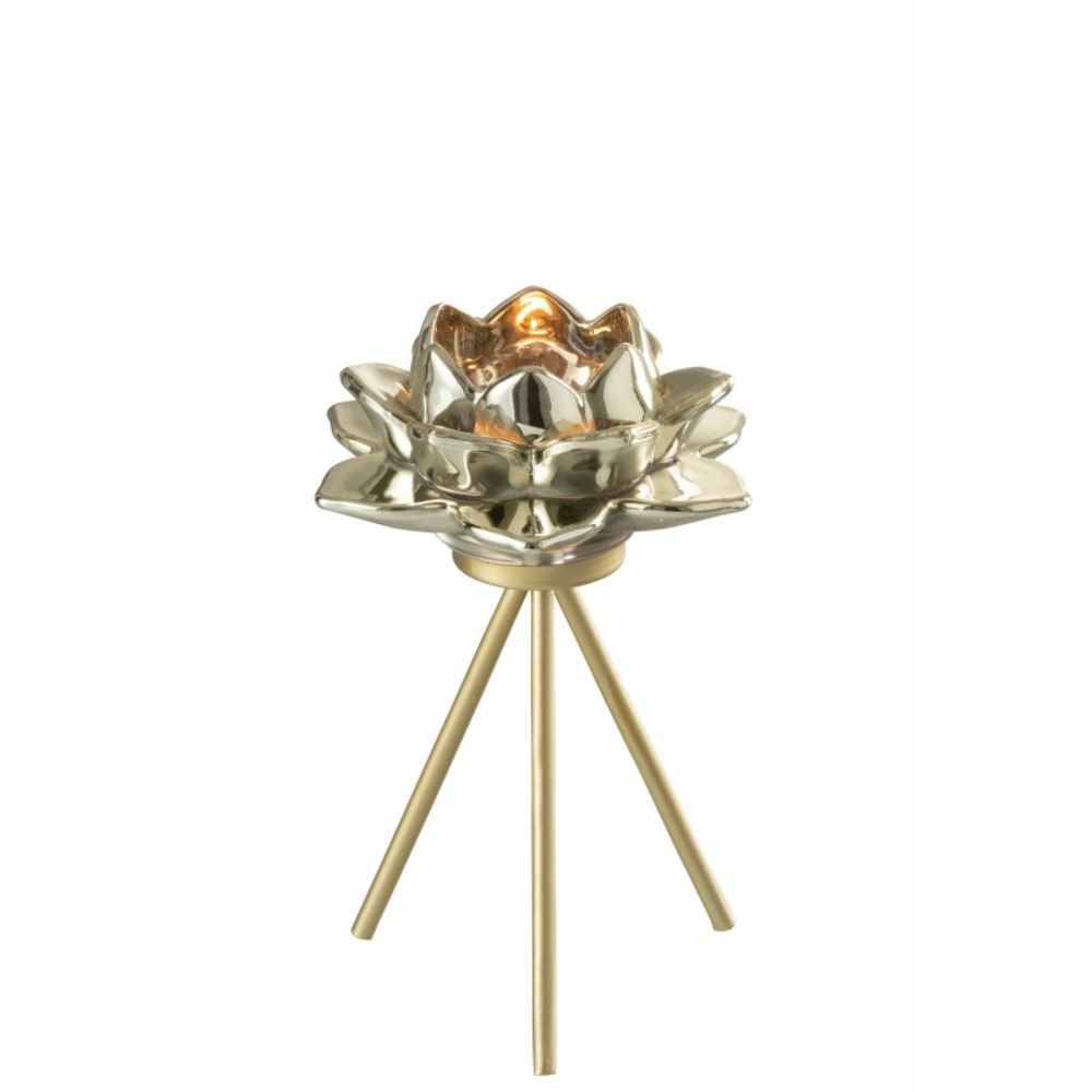 Photophore fleur sur pied en verre doré h18cm