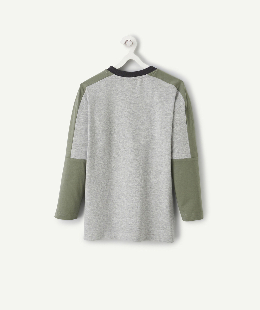 T-SHIRT GARÇON EN COTON BIO COLORBLOCK GRIS ET KAKI AVEC POCHE