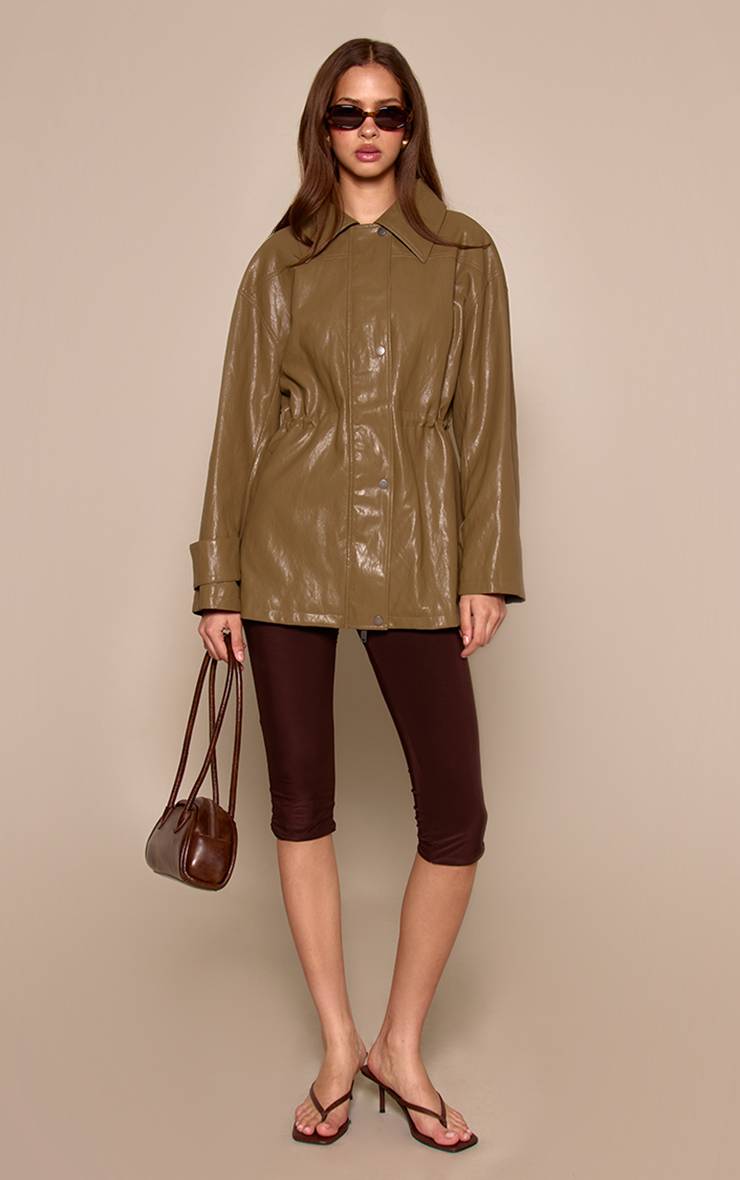 Vert Olive Veste Cintrée En Synthétique Brillant Texturé