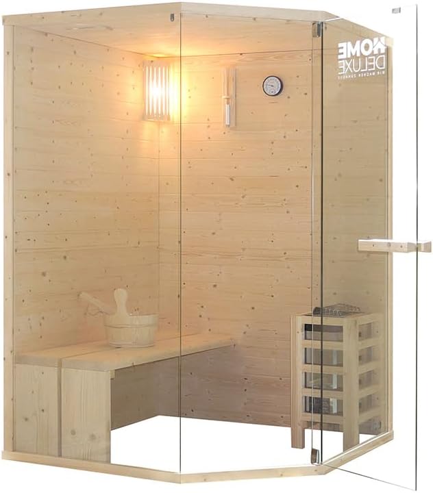 Home Deluxe - Traditionelle Sauna ARUNA L - Maße: ca. 130 cm × 130 cm × 190 cm, Holz: Fichtenholz, 8 mm klares Sicherheitsglas - inkl. Saunaofen und Saunazubehör