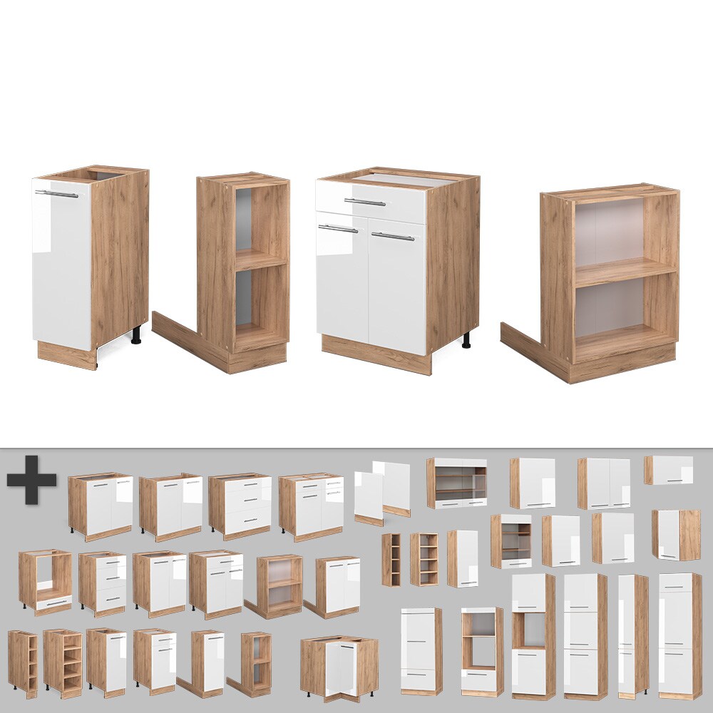 Vicco Kücheninsel Küchenblock Einbauküche Fame-Line Eiche Weiß 90 cm modern Hochglanz Küchen Schränke Apothekerunterschrank Schubunterschrank Regalinselunterschrank Softclose-Scharnier Küchenmöbel