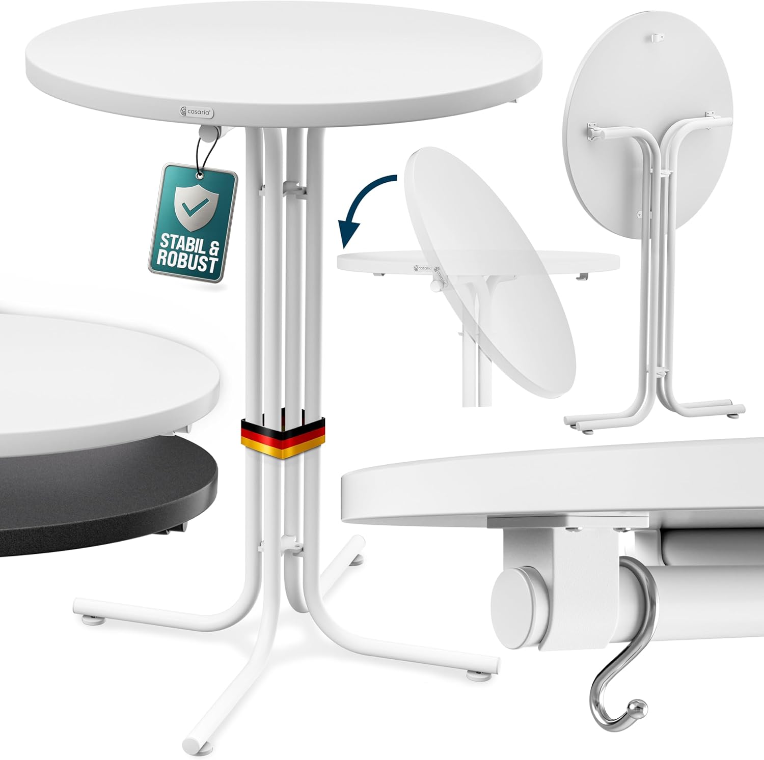 Casaria® Stehtisch Klappbar Outdoor Gastro Bistrotisch 2X Haken Ø 70 cm Rund Witterungsbeständig Weiß Partytisch pulverbeschichtet Metall MDF