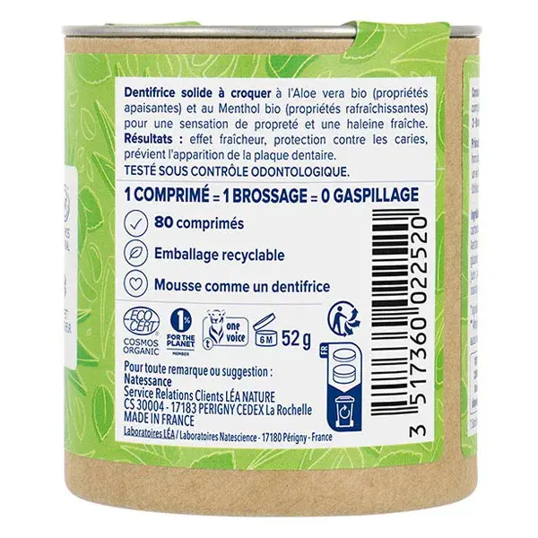 Pasta de dente mastigável orgânica Natessance Natural com Aloe Vera e Mentol, 80 comprimidos.