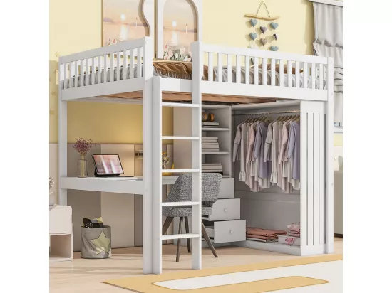 Lit mezzanine 140x200 Bureau Armoire 3 tiroirs Garde-corps Escalier Blanc