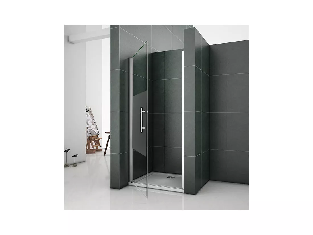 Porte de douche pivotante 80x185cm en niche en verre bande central dépoli anticalcaire Installation à Gauche