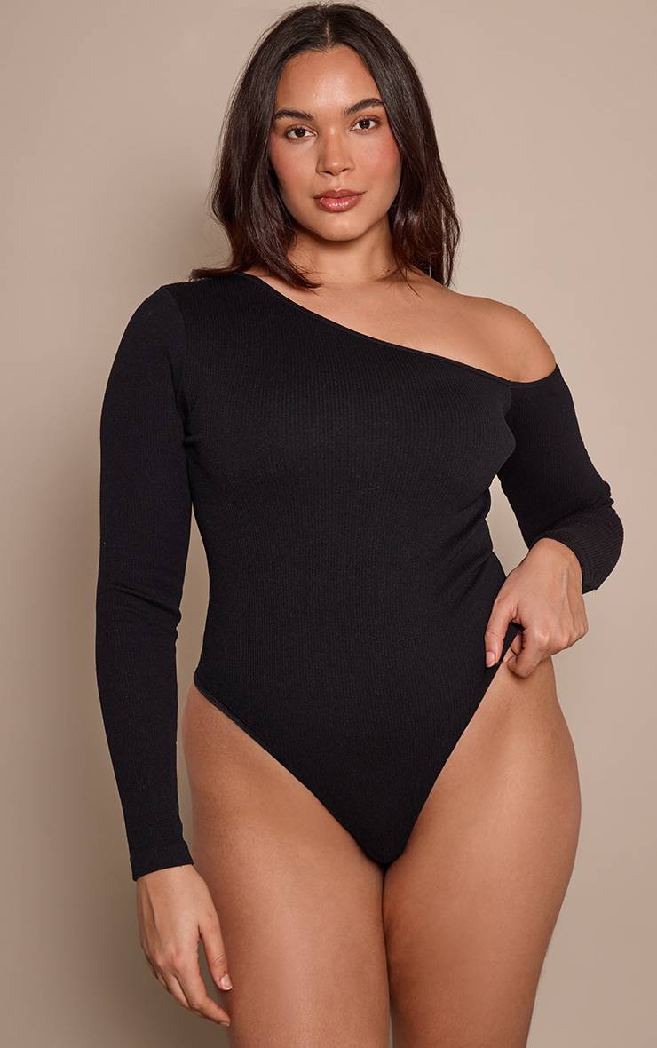 Noir Body Grande Taille Côtelé Contour Asymétrique À Manches Longues