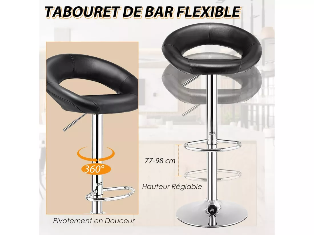 Lot de 2 Tabouret de Bar, Chaise de Bar Pivotante avec Repose-pieds, Hauteur Réglable 77-98 CM, Chaise Bar en Similicuir Moderne, Cadre en Métal, Tabouret de Cuisine pour Îlot, Bistrot
